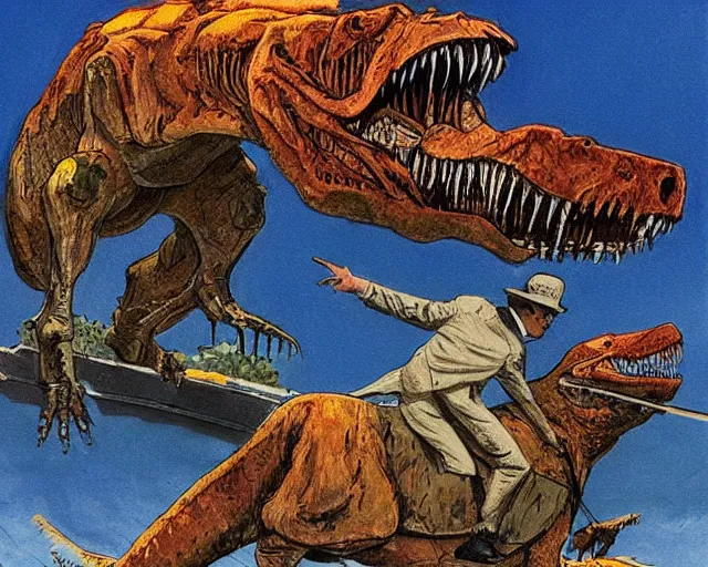 Prompt: Winston Churchill riding a T-Rex, painting by Jean Giraud