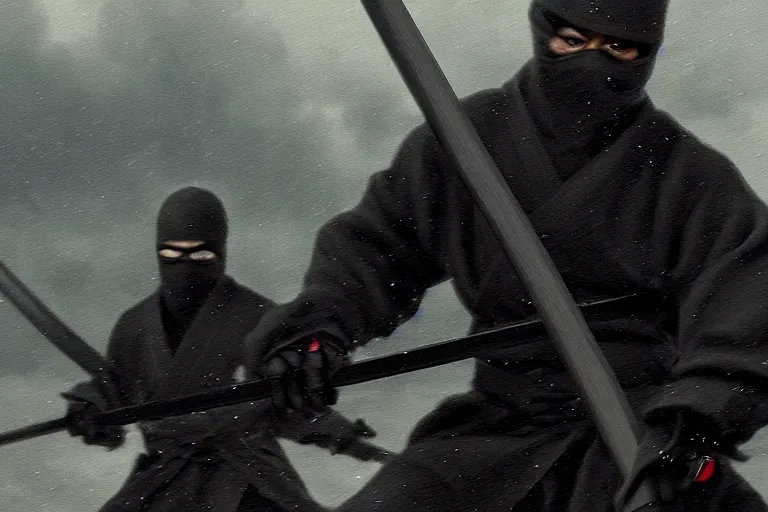 Image similar to obama in ninja outfit, with 2 katanas, outside the kremlin, close up, wearing all black, intense eyes, artstation, apocalyptic, intricate, beautiful, cinematic, octane render, arnold render, 8k, hyperrealism, detailed, sharp focus, 4k uhd, masterpiece, award winning, painting by Ivan Aivazovsky and Greg Rutkowski