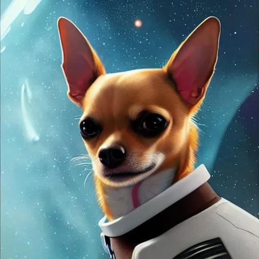 Prompt: A chihuahua as a space captain, intricate suit, cinematic lighting, highly detailed, digital painting, artstation, concept art, smooth, sharp focus, illustration, art by Artgerm and Greg Rutkowski