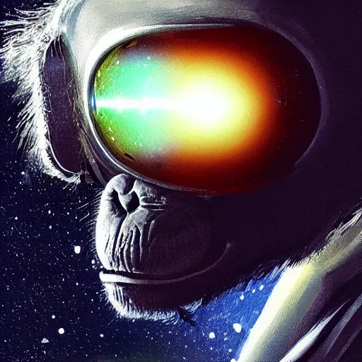 Prompt: a chimpanzee in a space suit, black hole reflecting in its visor, portrait, highly detailed, digital painting, artstation, concept art, sharp focus, illustration