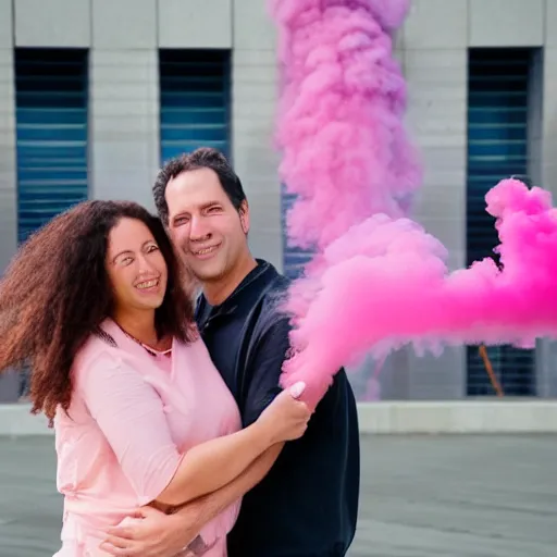 Prompt: a close up of a smiling couple of parents to be, in front of 9 / 1 1 with pink smoke, 1 2 0 mm, clear details, award winning