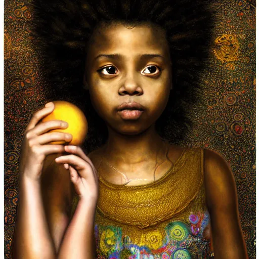 Prompt: girl black child in front of a gustav klimt wallpaper by android jones, detailed matte painting, 8k resolution