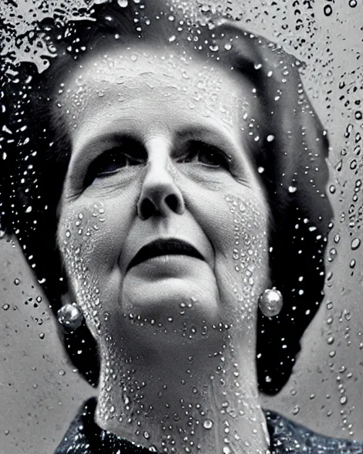 Image similar to margaret thatcher covered in rain, close - up, atmospheric moody hyper realistic award winning color cinematic still 8 k