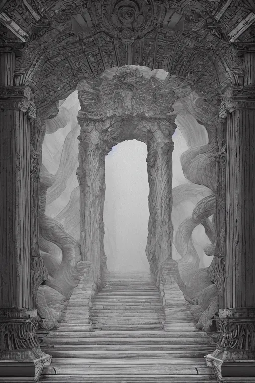 Image similar to a beautiful 3 d gigantic golden hell's gate osborne robert mandel artstation unreal 8 k ， greco - roman art, intricate complexity, gilded swirls on monochrome, occult propaganda, in the thick fog