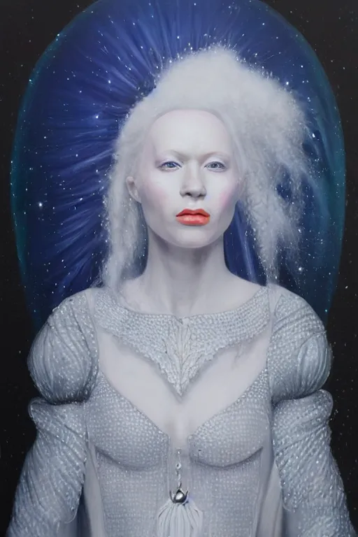 Image similar to hyperrealism oil painting, close - up portrait of albino queen medieval fashion model, knight, steel gradient mixed with nebula sky, in style of baroque