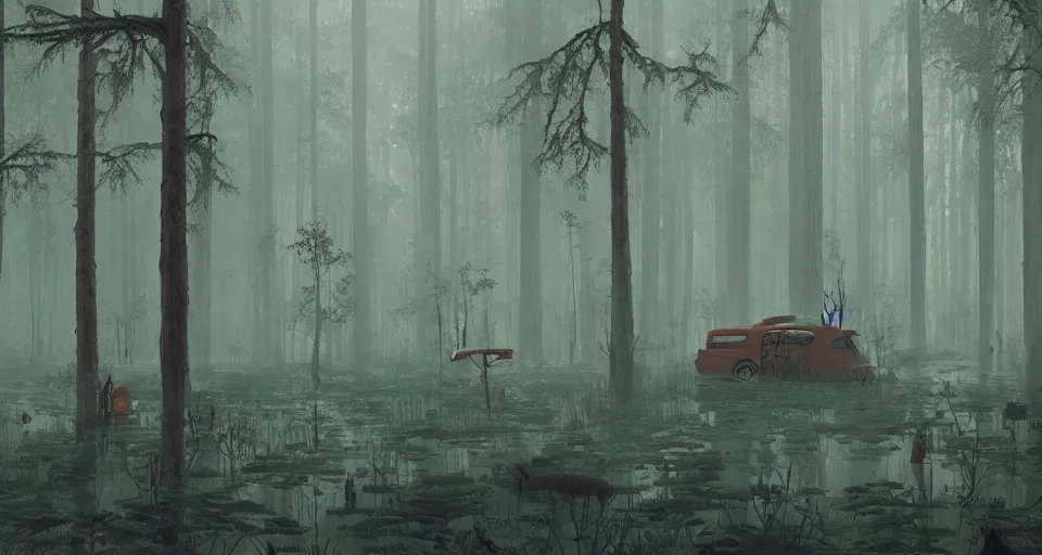 Image similar to An enchanted forest with a swamp, by simon stalenhag