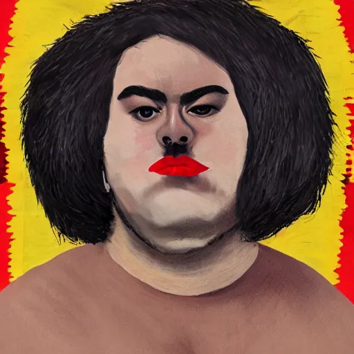Image similar to portrait of a fat hairy wrestler with a dark furry jacket in the style of frida kahlo and robert rauschenberg