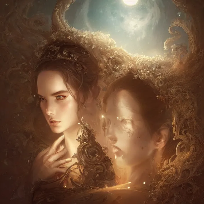 Image similar to a beautiful digital painting of a princess, princess, the moon behind her, intricate, cinematic lighting, highly detailed, digital painting, concept art, smooth, sharp focus, illustration, art by tom bagshaw, artgerm and greg rutkowski