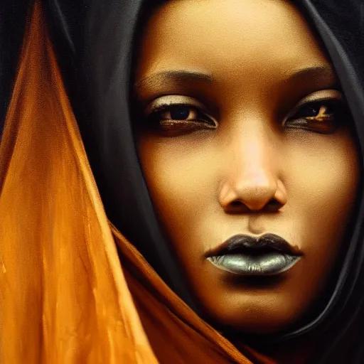 Image similar to a portrait of a young black woman wearing a long dark cloak, hood and shadows covering face, anatomically correct, beautiful perfect face, enigmatic, oil painting, matte painting, black background, Volumetric dynamic lighting, Highly Detailed, Cinematic Lighting, Unreal Engine, 8k, HD, by Beksinski