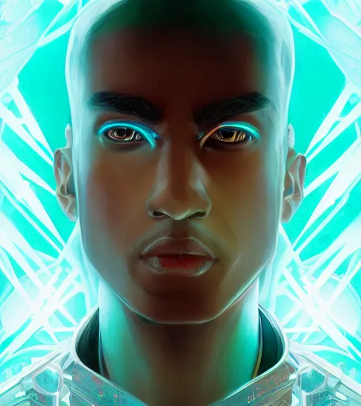 Image similar to symmetry!! egyptian prince of technology, solid cube of light, hard edges, product render retro - futuristic poster scifi, lasers and neon circuits, brown skin man egyptian prince, intricate, elegant, highly detailed, digital painting, artstation, concept art, smooth, sharp focus, illustration, dreamlike, art by artgerm