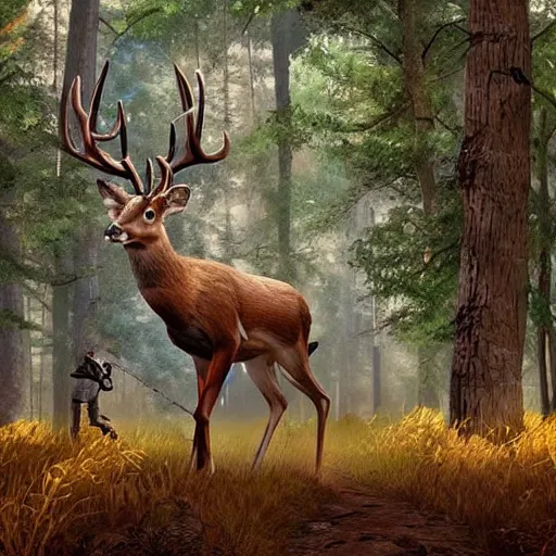 Prompt: Hunter hunting a beautiful deer, a tree of life in the background + beautiful digital art + trending on artstation + 8k