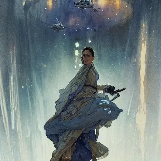 Image similar to a beautifull intricate watercolour painting of star wars scene, reflexions, verry high details by william turner art, greg rutkowski and alphonse mucha, trending on artstation, very very detailed, masterpiece, muted colors