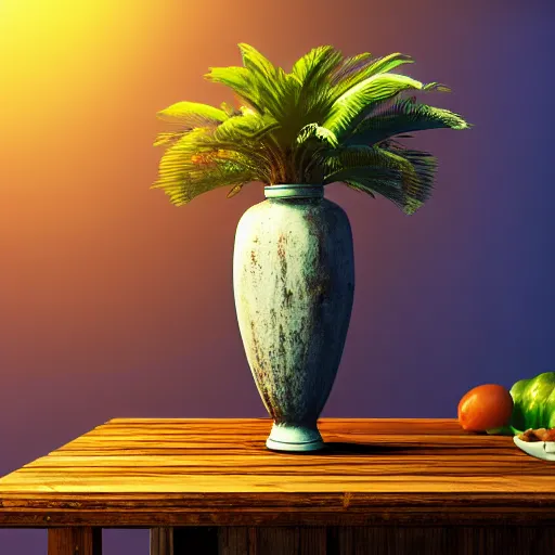 Prompt: a large vase with palms on top of a antique wooden table, vegetables on table and candle, medieval concept art, cinematic lightning and colors, vray tracing, rendered in unreal engine, dark lightning, contrast shadows, super detailed, 8 k