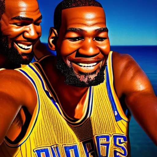 Image similar to beautiful serene intricate portrait of kevin durant and lebron james taking a selfie, smiling softly, relaxing on the beach, golden hour, soft focus, 8 k, art by irakli nadar, hyperrealism, hyperdetailed, ultra realistic