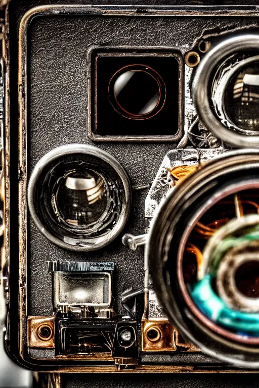 Image similar to A photo of a very old opened camera with film, vacuum tubes, capacitors and coils inside by Richard Kuiper and Steve McCurry, grungy, weathered Ultra detailed, hyper realistic, 4k