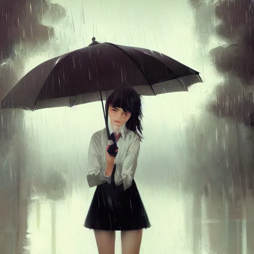 Image similar to A ultradetailed beautiful portrait panting of a stylish girl with an umbrella, rainy day, Oil painting, by Ilya Kuvshinov, Greg Rutkowski and Makoto Shinkai