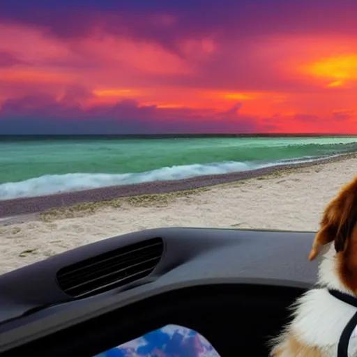 Prompt: a photo of a dog driving a car along a beach road in miami in sunset, photo realistic 8k