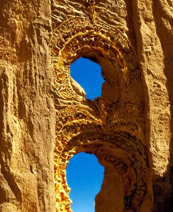 Prompt: vintage color photo of a sculpture made of gold in cordillera de los andes with beautiful great arches and detail, architecture carved for a titan, image by werner herzog