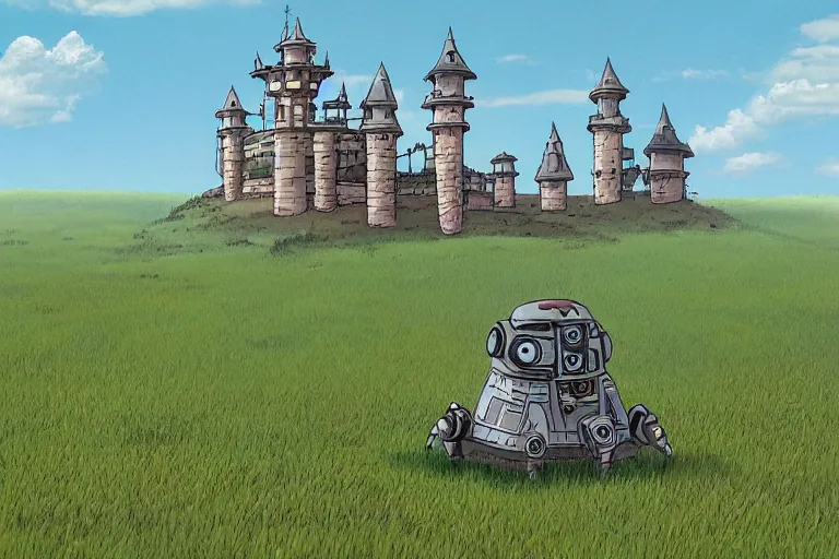 Image similar to a robot castle walking across the plains, ghibli