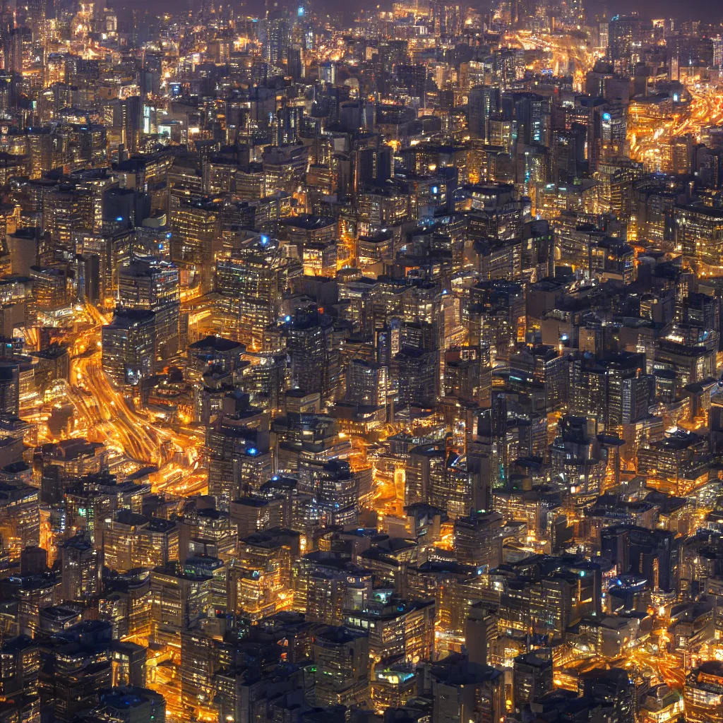 Prompt: photorealistic view of Seoul from the top of a building at night, trending on ArtStation, volumetric lighting, high detail