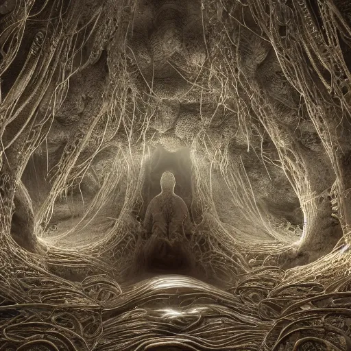 Prompt: biocomputer human organ inside a neural network made like antique lace in a biomechanical cave forest, intricate environment, matte painting, diffused lighting, highly detailed cinematic, atmosphere, diffused lighting, highly detailed digital art, trending on artstation, depth of field, wide angle