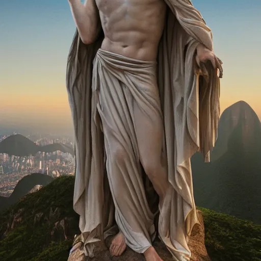 Prompt: an extremely detailed sculpture of a ridiculously good looking jesus that looks like a jewish gigachad posed like the christo redentor, long curly hair, elegant ancient greek dress, very detailed, standing on a mountain over rio de janeiro, beautiful, intricate, cinematic, artstation, william bouguereau, alphonse mucha, greg rutkowski, rossdraws, octane render