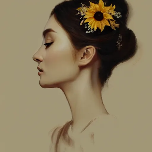 Prompt: sunflower tiara, korean audrey hepburn, vogue magazine, greg rutkowski, john singer sargent, trending on artstation, anime, oil painting, side profile portrait, looking right, intricate