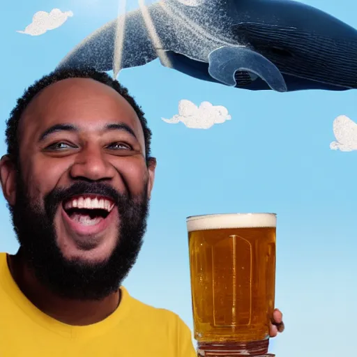 Image similar to A realistic photo of a happy man drinking a beer on the top of a flying whale