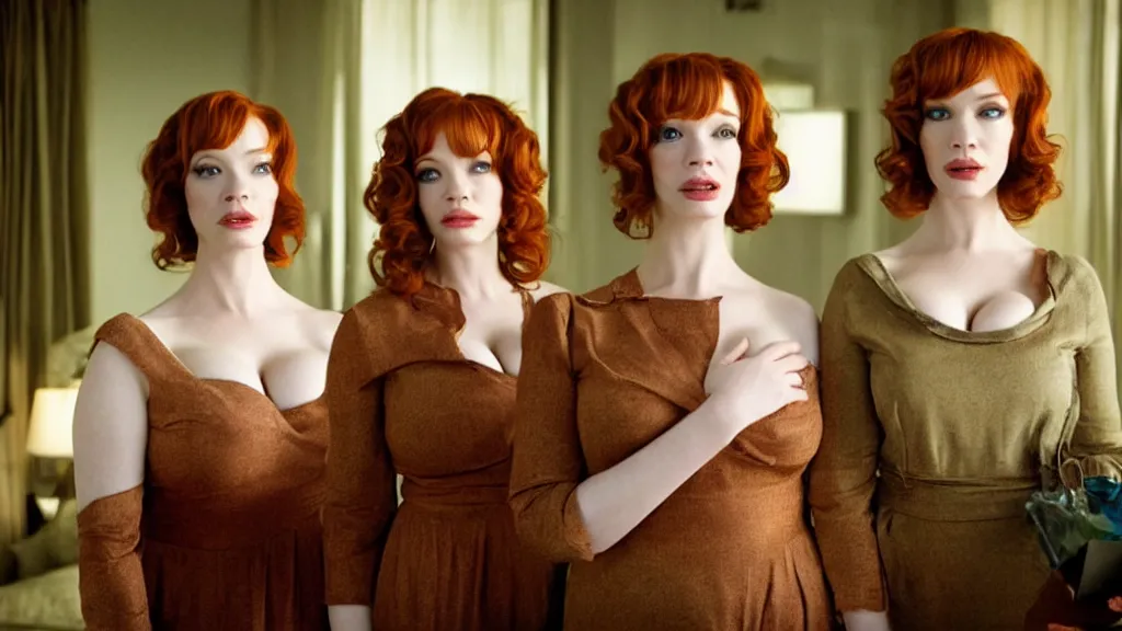 Image similar to a very surprised beautiful Christina Hendricks and her twin sister in the living room, film still from the movie directed by Denis Villeneuve with art direction by Salvador Dalí, wide lens