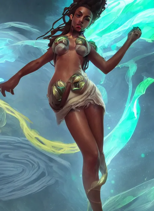 Image similar to senna from league of legends, au naturel, hyper detailed, brown skin, with abs, glowing green neon eyes, wearing white robe, digital art, trending in artstation, cinematic lighting, studio quality, smooth render, unreal engine 5 rendered, octane rendered, art style by klimt and nixeu and ian sprigger and wlop and krenz cushart