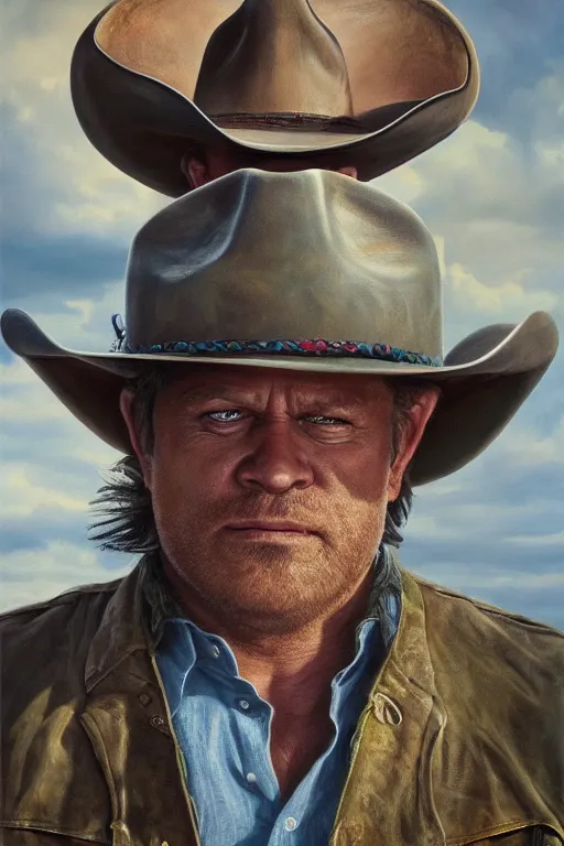 Image similar to !dream hulk wearing a cowboy hat, oil on canvas, intricate, portrait, 8k highly professionally detailed, HDR, CGsociety
