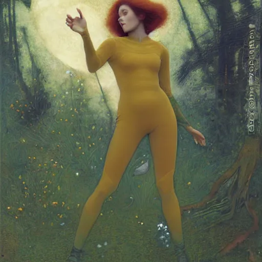 Image similar to beautiful woman with auburn hair in a skin-tight designer spacesuit, aloof in the forest at dusk, by Edgar Maxence and Ross Tran and Michael Whelan and Gustav Klimpt