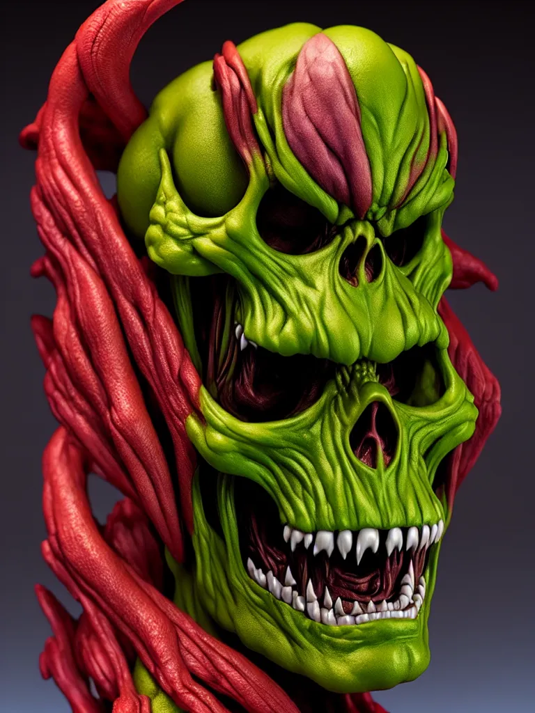 Image similar to hyperrealistic rendering, skeletor face by bernie wrightson and killian eng and joe fenton, product photography, action figure, sofubi, studio lighting, colored gels