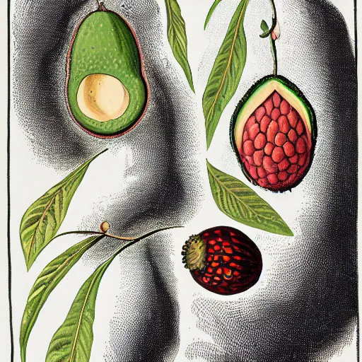 Image similar to highly detailed graphic poster depicting an avocado and a raspberry watching the world on burn with fire, done in the style of old botanical illustrations, matisse, caravaggio, basquiat, japanese art, 4 k