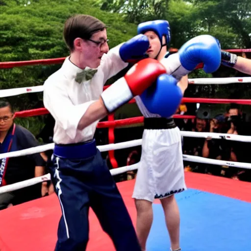 Prompt: Jacob Rees Mogg dressed as a kickboxing, fighting in thailand