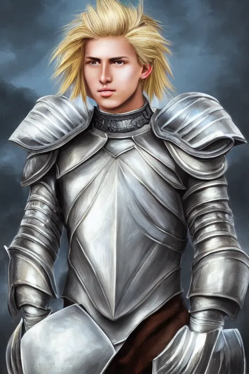 Image similar to a blonde male teenager wearing a silver plate armor, digital painting, digital art, oil painting, masterpiece, realistic and detailed face, profile picture, realistic, highly detailed, high quality, symmetrical, low contrast, trending on deviantart, soft colors, soft lighting, face portrait, beautiful, elegant, castle in the background, bokeh, oil painting