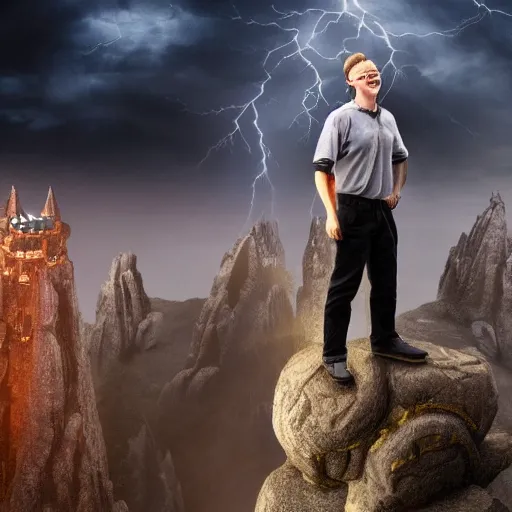 Prompt: John Carmack laughing while standing on the top of a wizard's tower in a thunderstorm. Realistic, 8k, dynamic lighting, ultrafine detail.