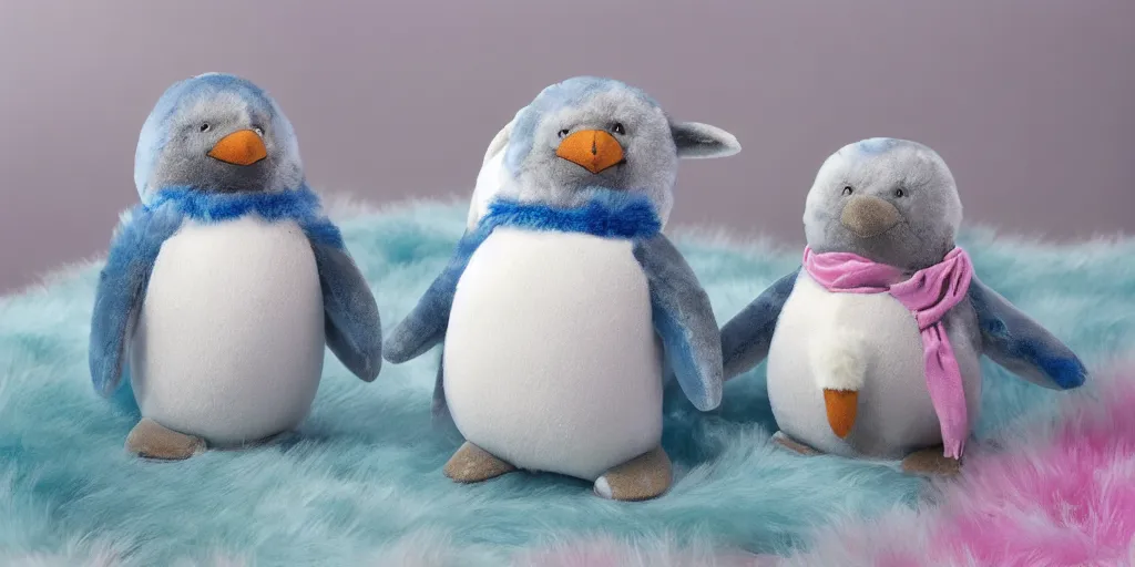 Image similar to 3 d precious moments plush penguin with realistic fur and an blue / white / gray / green / pink / tan / mid pink / blue gray color scheme, snowy mountain landscape, master painter and art style of john william waterhouse and caspar david friedrich and philipp otto runge