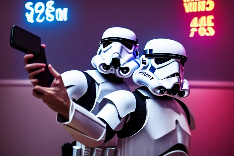 Image similar to a photo of two stormtroopers taking a selfie in las vegas casino, ultra wide shot, 2 4 mm, bokeh, blurred background, colorful lights, golden ratio, sci fi, fantasy, cyberpunk, intricate, decadent, highly detailed, digital painting, octane render, artstation, concept art, smooth, sharp focus, illustration, art by loish, wlop