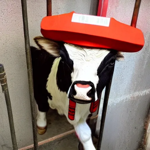 Image similar to cute calf dressed as an inmate behind bars