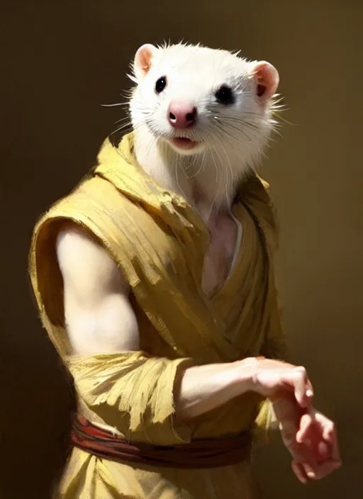 Prompt: a beautiful closeup shot from a marvel film of a humanoid ferret wearing a loose tunic. an anthropomorphic ferret. portrait. joseph ducreux, greg rutkowski.