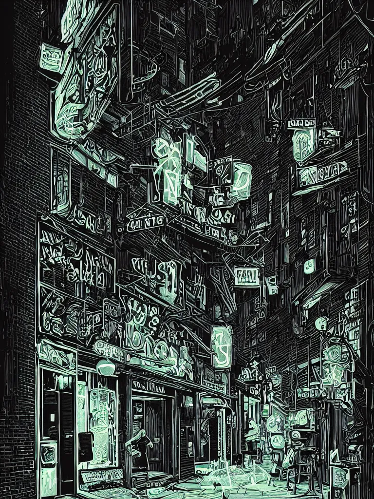 Prompt: a dark alley with a nightclub with neon signs by olivier bonhomme, digital illustration