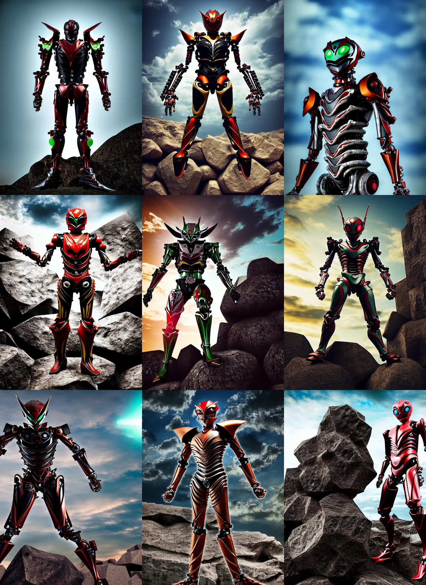 Prompt: Biomechanical Kamen Rider standing in a rock quarry, single character, full body, 4k, rock quarry location, daytime, glowing eyes, rubber suit, ultra realistic, high quality, cinematic, centered, cinematography