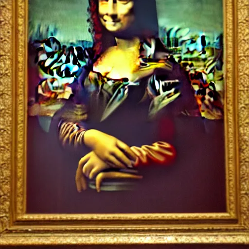 Image similar to banksy tagging the mona-lisa inside the Louvre