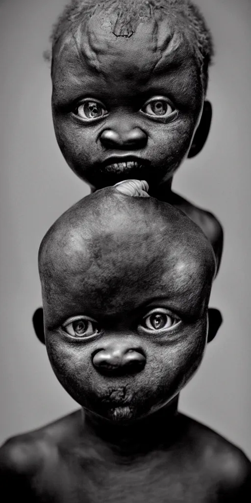 Image similar to award winning photo of african albino baby, dark colors, scary, symmetrical face, beautiful eyes, studio lighting, wide shot art by sally mann & arnold newman & h. r. giger