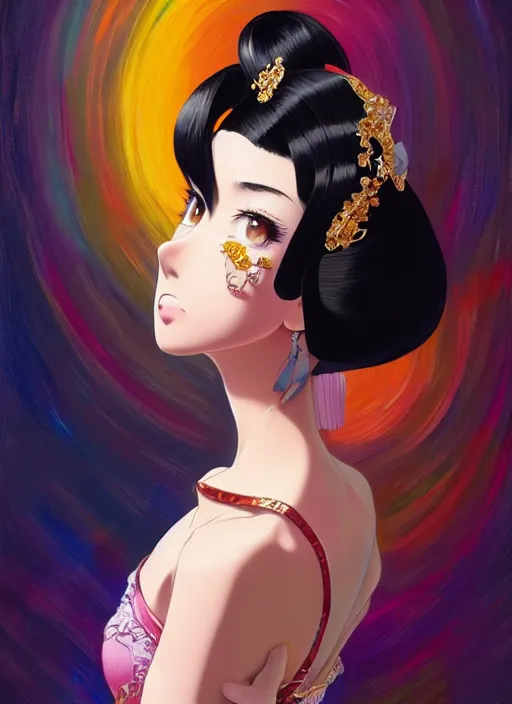 Image similar to a beautiful girl with black hair in 2020's fashion, ballroom background, intricate, highly detailed, digital painting, artstation, official media, anime key visual, concept art, rich vivid colors, ambient lighting, sharp focus, illustration, art by Artgerm, Makoto Shinkai, Ilya Kuvshinov, Lois Van Baarle, and Rossdraws