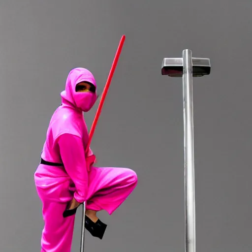 Image similar to a ninja with sword standing on a pole in neon pink clothes