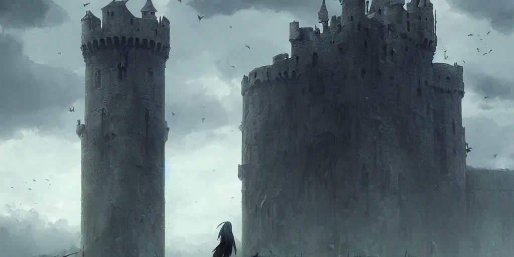 Image similar to A half raven half human magical being looks out over an imposing medieval castle in the distance, dark fantasy, stormy sky, lightning, digital art by Greg Rutkowski and Studio Ghibli