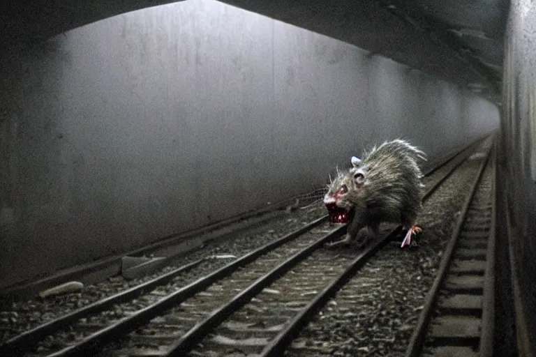 Image similar to very large giant mutant zombie irradiated ( angry rat ) staying on railways in tonnel of moscow subway. tonnel, railways, giant angry rat, furr, fangs, claws, very realistic. fog, extreme long shot, herman nitsch, giger.