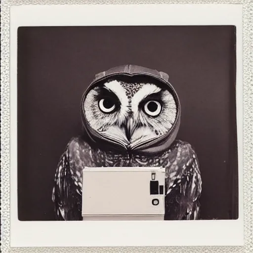 Image similar to surrealistic, anthropomorphic owl in a hoodie, holding polaroid camera, 8 0 s, polaroid photo, by warhol,